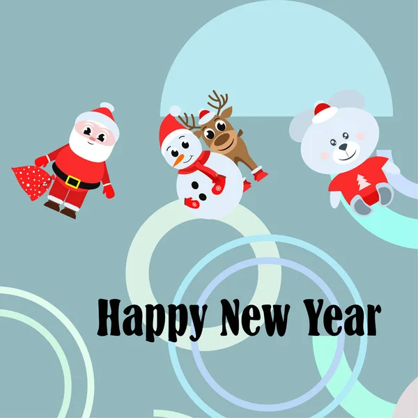 Bonne Année Carte Père Noël Bonhomme Neige Cerf Ours Vecteur — Image vectorielle