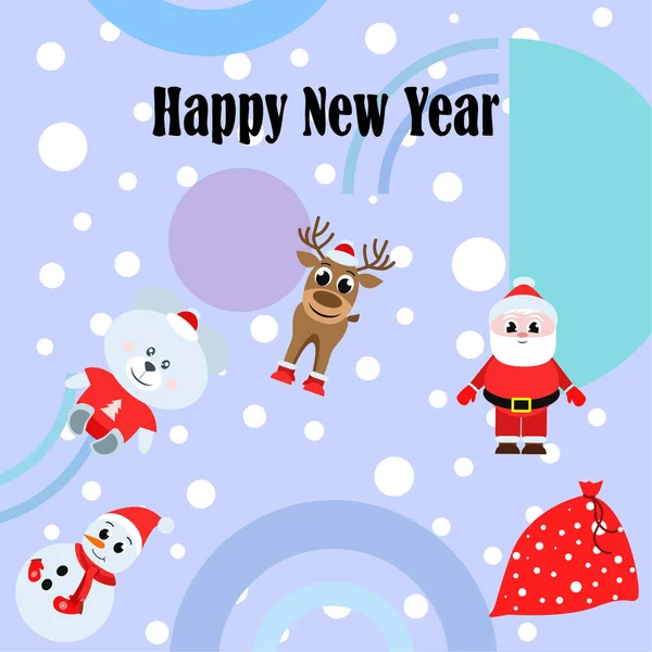 Ευτυχισμένο Νέο Έτος Κάρτα Άγιος Βασίλης Χιονάνθρωπος Ελάφια Αρκούδα Διάνυσμα — Διανυσματικό Αρχείο