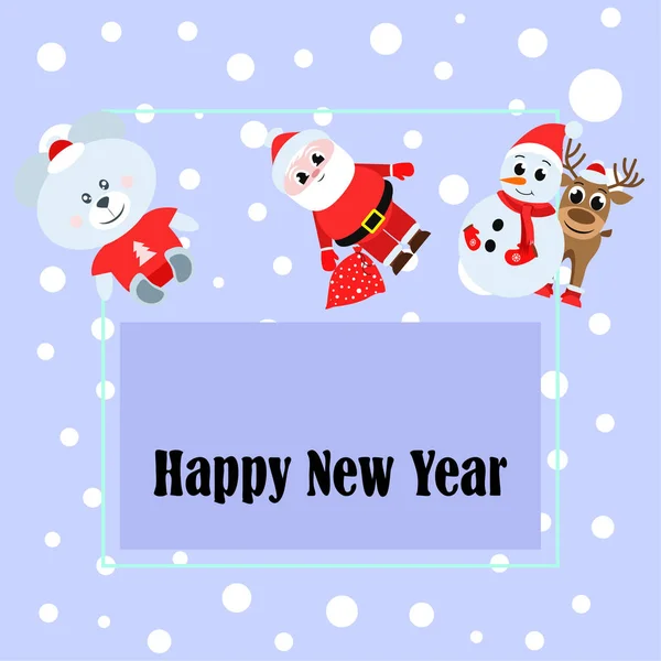 Carte Nouvel Père Noël Bonhomme Neige Cerf Ours Vecteur Arrière — Image vectorielle