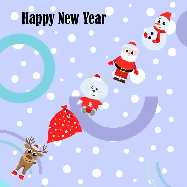 Mutlu Yeni Yıl Kartı Noel Baba Kardan Adam Geyik Ayı — Stok Vektör