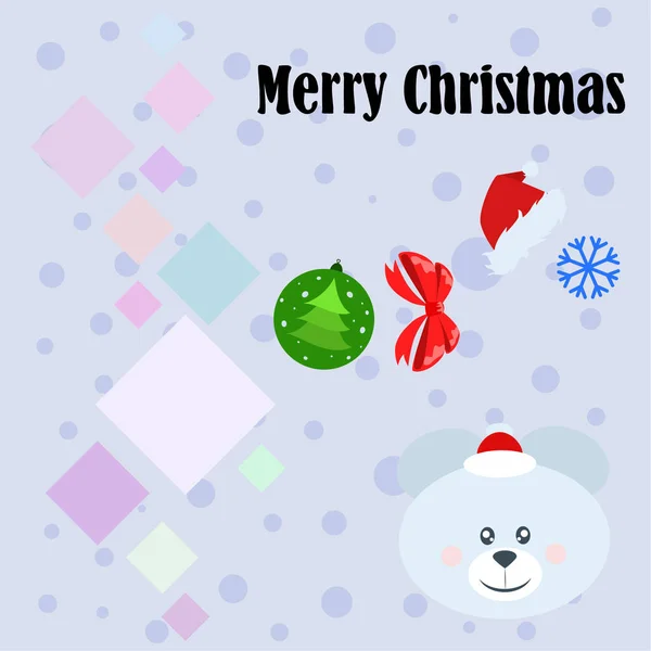 Nieuwjaar Kaart Boog Dragen Kerst Bal Sneeuwvlok Santa Hat Vector — Stockvector