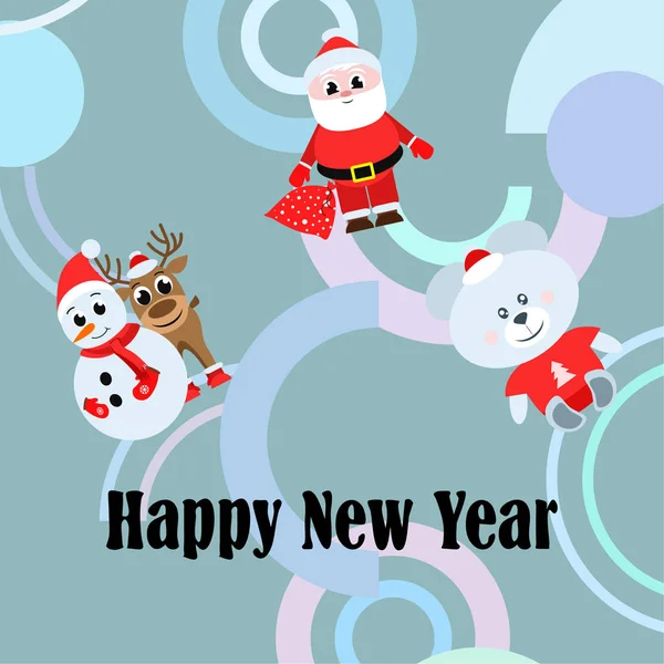 Bonne Année Carte Père Noël Bonhomme Neige Cerf Ours Vecteur — Image vectorielle