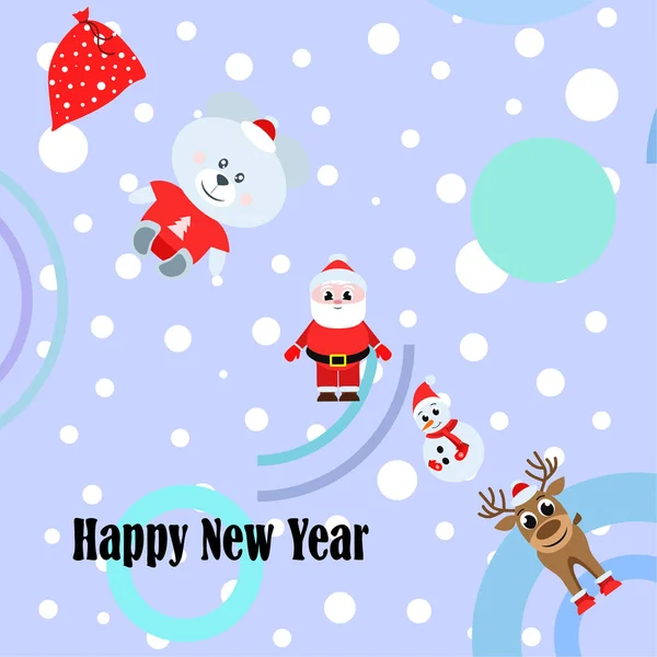 Mutlu Yeni Yıl Kartı Noel Baba Kardan Adam Geyik Ayı — Stok Vektör
