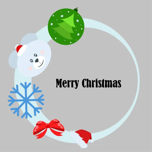 Новорічна Листівка Лук Ведмідь Різдвяний Сніжинка Санта Капелюх Векторний Фон — стоковий вектор
