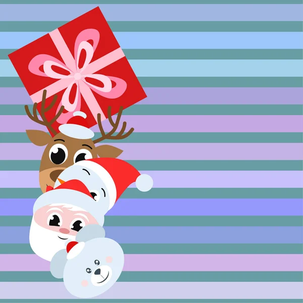Рождественская Открытка Санта Снеговик Олень Медведь Подарок Векторный Фон — стоковый вектор
