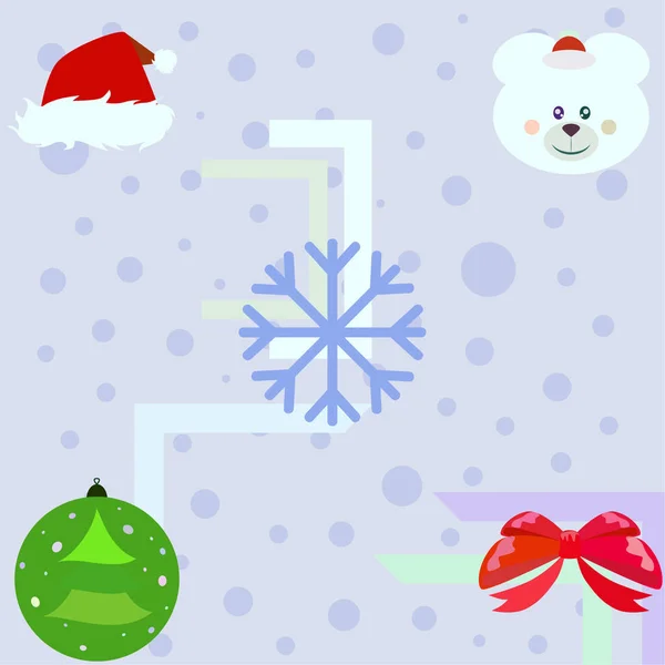 Новый Год Карточка Лук Медведь Рождественский Мяч Снежинка Санта Шляпа — стоковый вектор