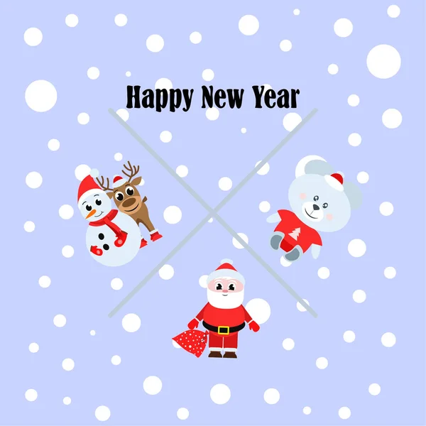New Year Card Santa Snowman Deer Bear Vector Background — Stock Vector