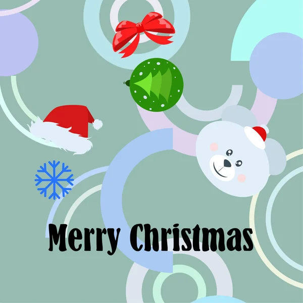Neujahr Karte Bogen Bär Weihnachtskugel Schneeflocke Weihnachtsmann Vektor Hintergrund — Stockvektor