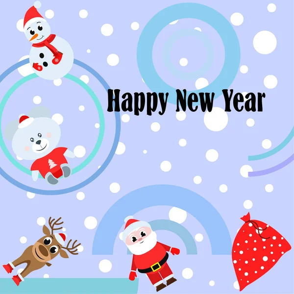 Ευτυχισμένο Νέο Έτος Κάρτα Άγιος Βασίλης Χιονάνθρωπος Ελάφια Αρκούδα Διάνυσμα — Διανυσματικό Αρχείο