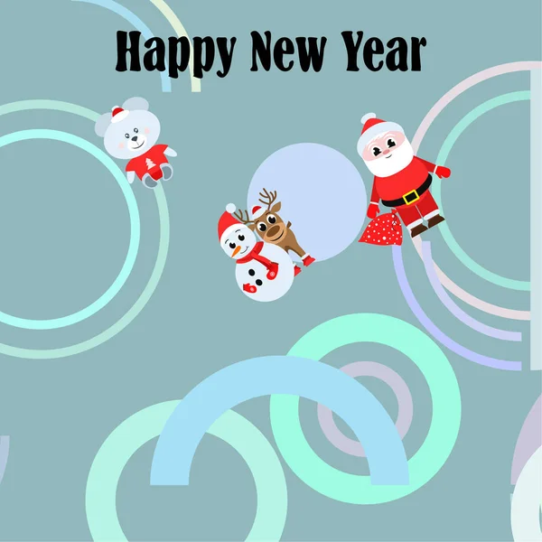 Šťastný Nový Rok Karty Santa Claus Sněhulák Jelen Medvěd Vektorový — Stockový vektor