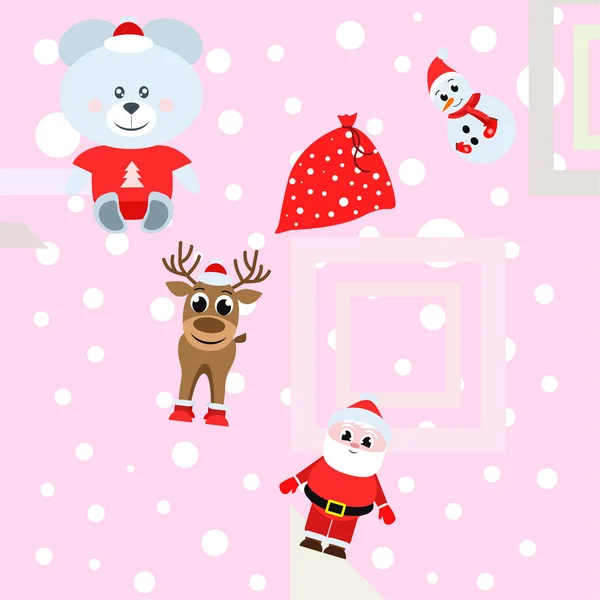 Christmas New Year Card Santa Snowman Deer Bear Vector Background — Stock Vector