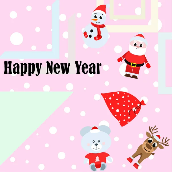 Christmas New Year Card Santa Snowman Deer Bear Vector Background — Stock Vector
