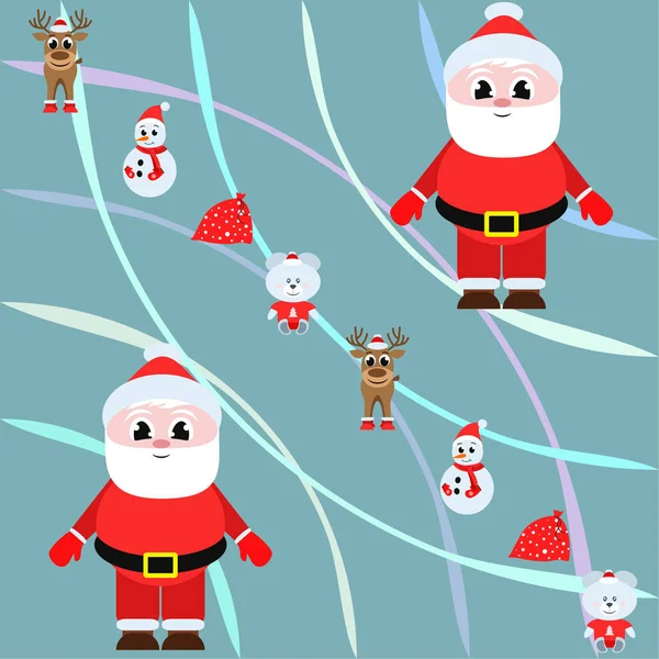 Cartão Natal Santa Snowman Veado Urso Saco Fundo Vetor — Vetor de Stock