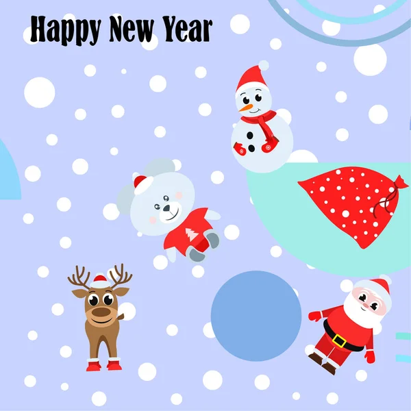 Новым Годом Санта Клаус Снеговик Олень Медведь Векторный Фон — стоковый вектор
