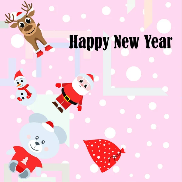 Carte Noël Nouvel Père Noël Bonhomme Neige Cerf Ours Vecteur — Image vectorielle