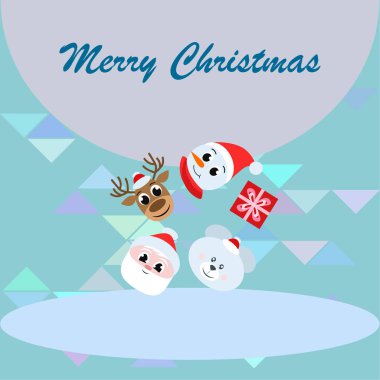 Noel kartı. Noel Baba, kardan adam, geyik, ayı ve hediye vektör arka plan