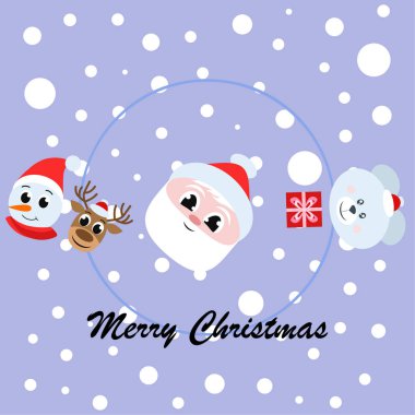 Noel kartı. Noel Baba, kardan adam, geyik, ayı ve hediye vektör arka plan