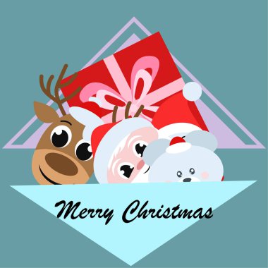 Noel kartı. Noel Baba, kardan adam, geyik, ayı ve hediye vektör arka plan
