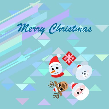 Noel kartı. Noel Baba, kardan adam, geyik, ayı ve hediye vektör arka plan