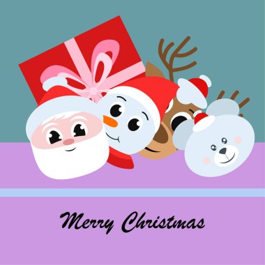 Noel kartı. Noel Baba, kardan adam, geyik, ayı ve hediye vektör arka plan