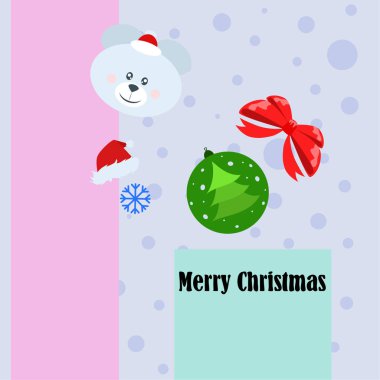 Yeni yıl kartı yay ayı Noel top kar tanesi santa şapka vektör arka plan