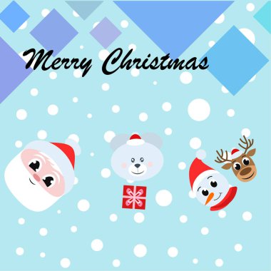 Noel kartı. Noel Baba, kardan adam, geyik, ayı ve hediye vektör arka plan