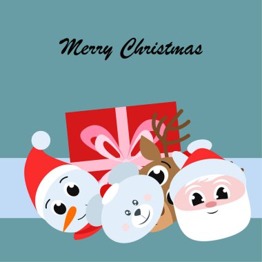 Noel kartı. Noel Baba, kardan adam, geyik, ayı ve hediye vektör arka plan