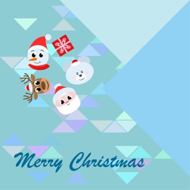 Noel kartı. Noel Baba, kardan adam, geyik, ayı ve hediye vektör arka plan