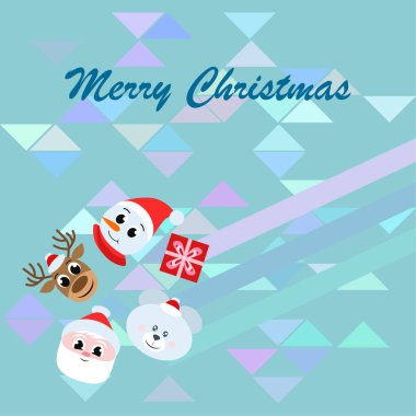 Noel kartı. Noel Baba, kardan adam, geyik, ayı ve hediye vektör arka plan