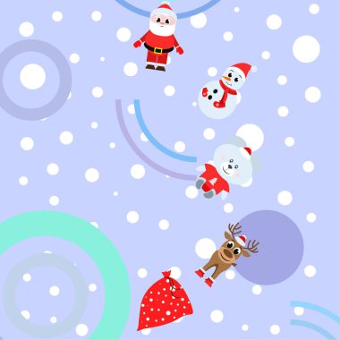 Mutlu yeni yıl kartı. Noel Baba, kardan adam, geyik, ayı vektör arka plan