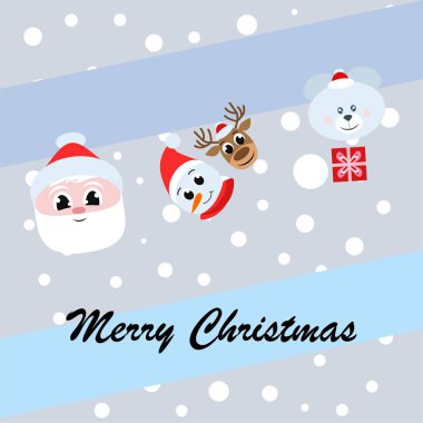 Noel kartı. Noel Baba, kardan adam, geyik, ayı ve hediye vektör arka plan