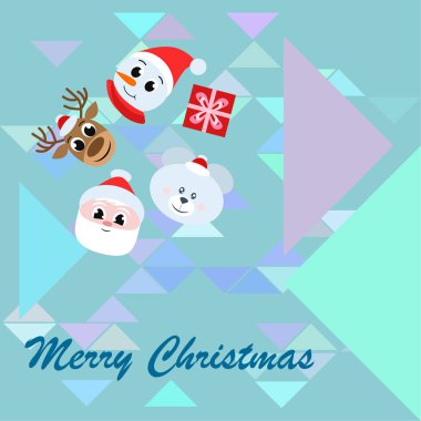 Noel kartı. Noel Baba, kardan adam, geyik, ayı ve hediye vektör arka plan