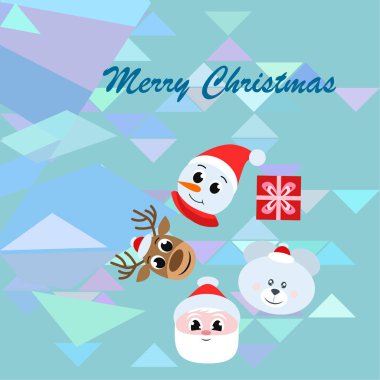 Noel kartı. Noel Baba, kardan adam, geyik, ayı ve hediye vektör arka plan