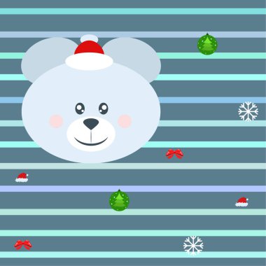 Yeni yıl kartı yay ayı Noel top kar tanesi santa şapka vektör arka plan