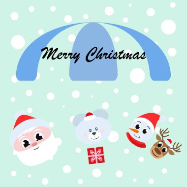 Noel kartı. Noel Baba, kardan adam, geyik, ayı ve hediye vektör arka plan