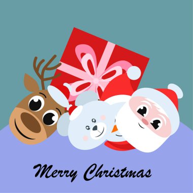 Noel kartı. Noel Baba, kardan adam, geyik, ayı ve hediye vektör arka plan