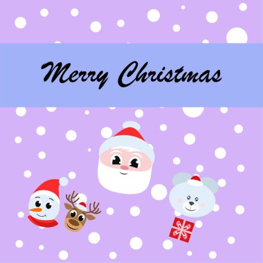 Noel kartı. Noel Baba, kardan adam, geyik, ayı ve hediye vektör arka plan