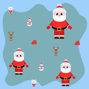 Noel kartı, Santa kardan adam geyik çanta, vektör arka plan ayı.