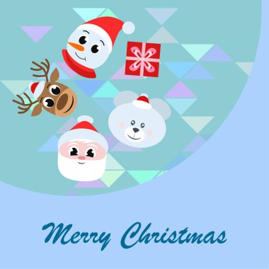 Noel kartı. Noel Baba, kardan adam, geyik, ayı ve hediye vektör arka plan