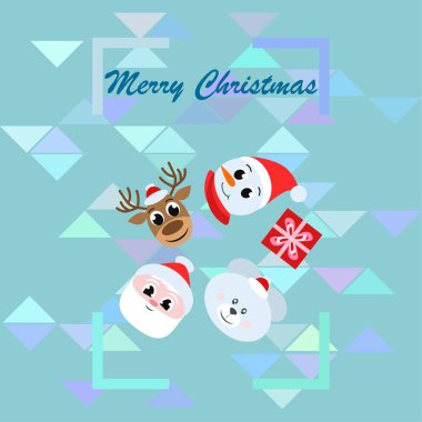 Noel kartı. Noel Baba, kardan adam, geyik, ayı ve hediye vektör arka plan