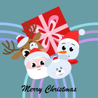 Noel kartı. Noel Baba, kardan adam, geyik, ayı ve hediye vektör arka plan