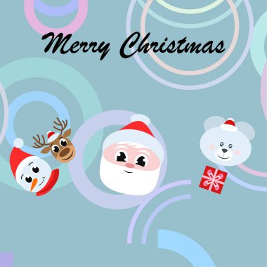 Noel kartı. Noel Baba, kardan adam, geyik, ayı ve hediye vektör arka plan