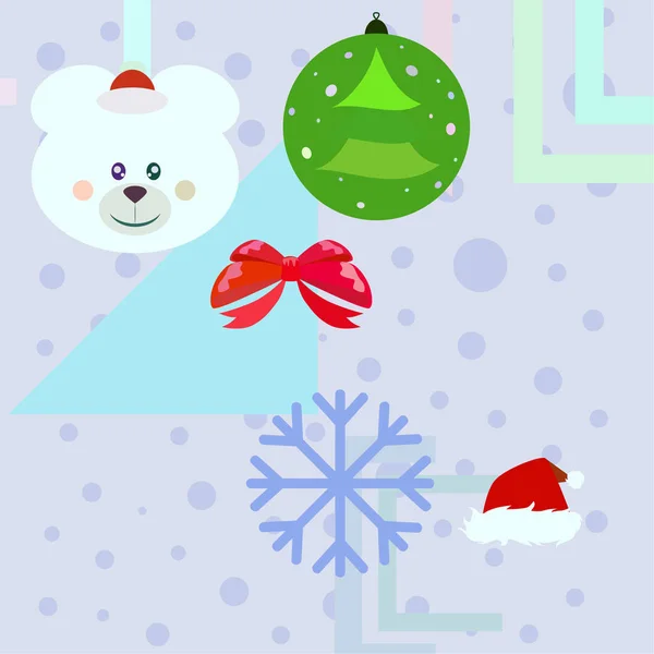 Nouvelle Année Carte Arc Ours Noël Boule Flocon Neige Santa — Image vectorielle