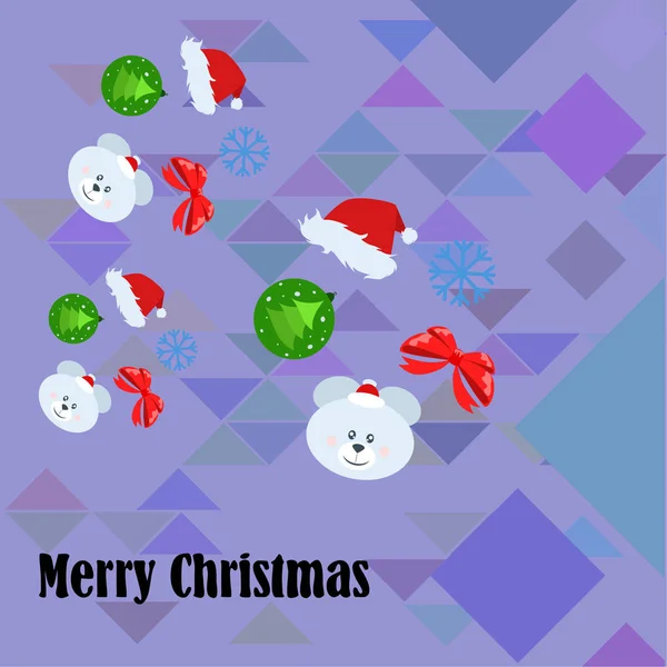 新年カード弓クマ クリスマス ボール スノーフレーク サンタ帽子のベクトルの背景 — ストックベクタ