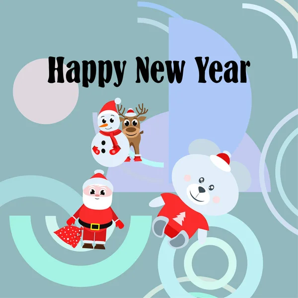 Новым Годом Санта Клаус Снеговик Олень Медведь Векторный Фон — стоковый вектор