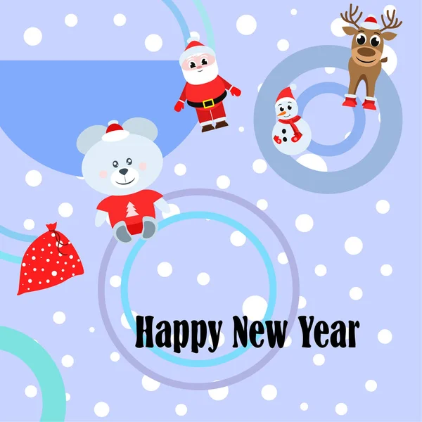 Feliz Año Nuevo Santa Claus Muñeco Nieve Ciervo Oso Vector — Archivo Imágenes Vectoriales
