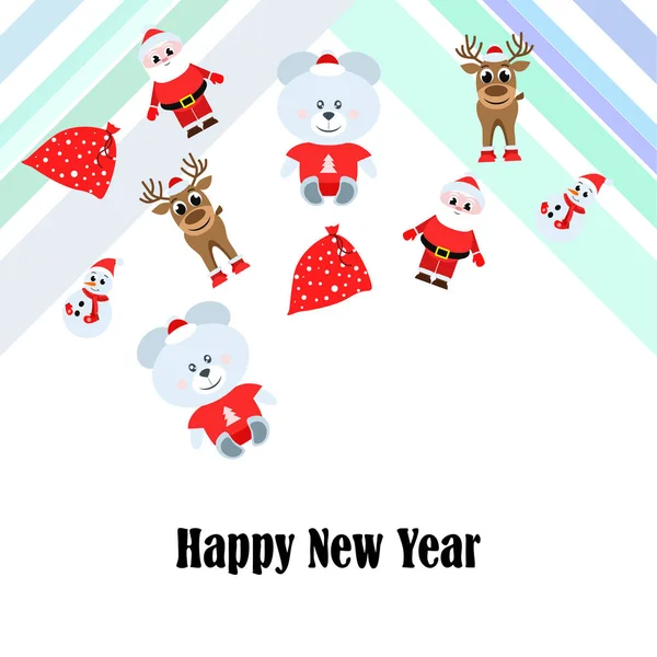 Boże Narodzenie Nowy Rok Karty Santa Bałwan Jeleń Niedźwiedź Tło — Wektor stockowy