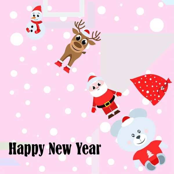 Natal Cartão Ano Novo Papai Noel Boneco Neve Cervo Urso —  Vetores de Stock