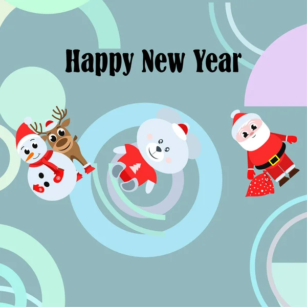 Felicitări Anul Nou Fericit Moș Crăciun Zăpadă Cerb Urs Fundal — Vector de stoc
