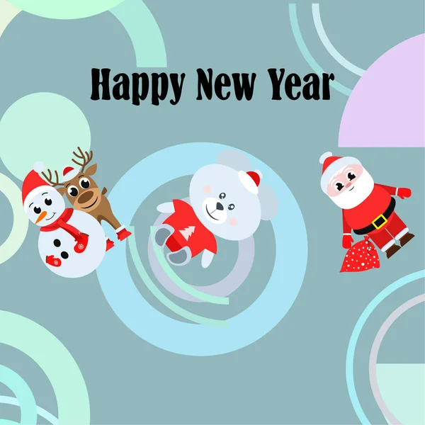 Happy New Year Card Santa Claus Snowman Deer Bear Vector — Stock Vector